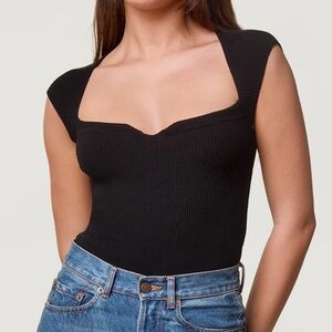Rouje black ribbed bodysuit with v-neck and cap sleeves